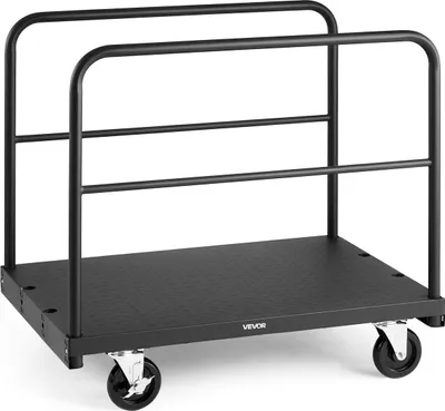 Obrázok produktu pre Vozík na sadrokartónové dosky, nosnosť 816 kg, oceľový vozík 2 v 1 s otočnými kolieskami 12,5 mm, plošina 91,4 x 61 cm s 3 bočnými madlami pre továrne, sklady, garáže, čierny