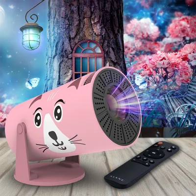 Produktbild von Beamer Kiano Kid Rosa Katze Projektor HD 1280x720, 32–130 Zoll, 230° drehbar, WLAN, AirPlay Miracast, ideal fürs Kinderzimmer mit Android 11