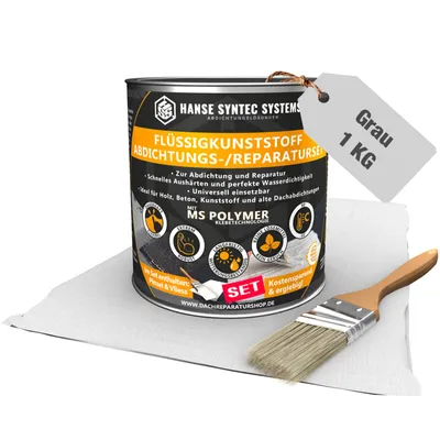 Produktbild von Flüssigkunststoff Abdichtungsset, Grau 1KG, inkl. Pinsel und Vlies - 3-fache Ergiebigkeit - 1m² SET, Lösemittel- & bitumenfrei, Dichtet sofort