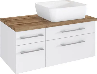 Produktbild von Waschtisch-Unterschrank 90cm in matt weiß TAREE-03 mit Siphonausschnitt Rechts inkl. Keramik Waschbecken B/H/T: 90/55/47 cm