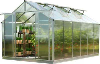 Zdjęcie produktu dla GFP szklarnia Topas 6 rama aluminiowa 225x384 cm - płytami poliwęglanowymi ok. 8 mm - z ramą fundamentową i aut. mechanizm otwierania okien