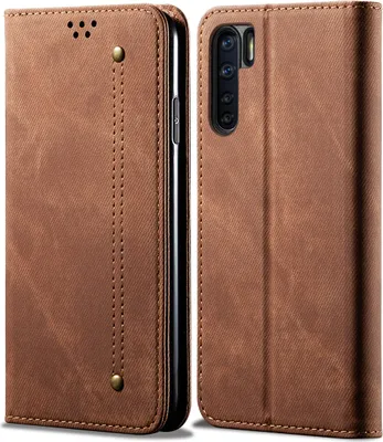A brown leather flip case for a smartphone, shown from the front and side.