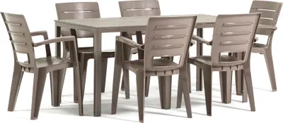 Image de Set de salle à manger d'extérieur avec table rectangulaire 156x78 cm et 6 chaises empilables en résine - design moderne imitation bois, idéal pour le jardin, la terrasse et les espaces extérieurs couverts - robuste, élégant et fonctionnel - THOMAS+ANITA - Gris pigeon