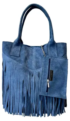 Produktbild von Damenhandtasche aus echtem Wildleder mit Fransen und passendem Schmucketui