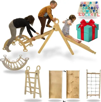 Produktbild von Klettergerüst 5-in-1 Montessori Indoor-Klettergerüst-Set – Pikler-Dreieck, Kletterbogen, Kletternetz und Indoor-Rutsche mit doppelseitigem Gefälle – I
