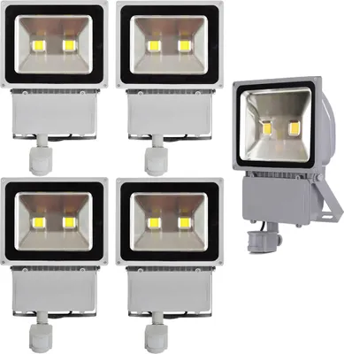 Produktbild von Greenmigo 5x 100W LED Strahler Fluter + Bewegungsmelder Kaltweiß kaltweiss Objektbeleuchtung Außenstrahler Wandstrahler Flutlichtstrahler Scheinwerfer Gartenlampe IP65 85V-265V