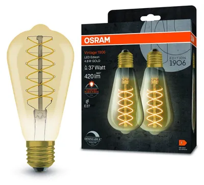 Produktbild von 2er Pack OSRAM LED Lampe Vintage 1906 CLASSIC SLIM Filament Edison 4.8W 822 Gold E27 Dimmbar Warmweiss 4099854147838