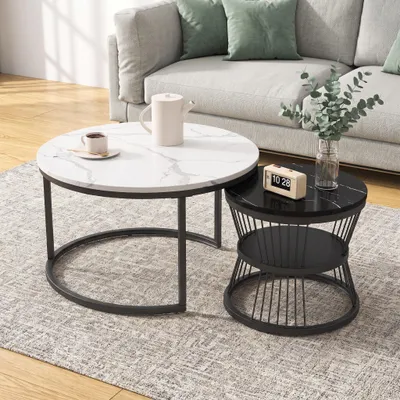 Image de INONEFT, ensemble de 2 tables basses rondes, tables d'appoint modernes, table basse en bois, idéale pour balcon, bureau, structure en métal, table d'appoint avec espace de rangement, noir et blanc