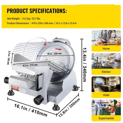 Productafbeelding van Vleessnijmachine - Snijmachine - Elektrische - 240W - Commerciële - met 10" Stalen Mes en 350-400 RPM Snelheid