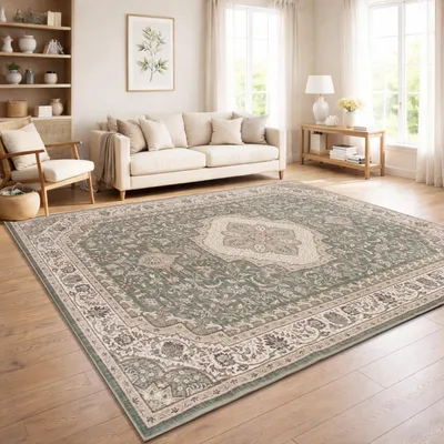 Produktbild von Vintage Boho moderner Wohnzimmerteppich Kurzflor waschbar rutschfest Grün Beige Grösse 80x150 cm