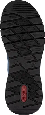 The image shows the sole of a blue shoe with a black tread pattern and a red Rieker logo.