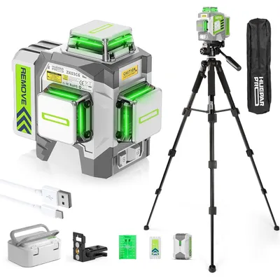 Obrázek produktu pro Huepar Pro ZK03CG, sada laserových projektorů 3x360° se zelenými paprsky, včetně stativu o výšce 50 palců, s funkcí automatické nivelace, baterií a dálkového ovládání, 3D laser pro stavební a dlaždičské práce