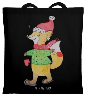 Produktbild von Mr. & Mrs. Panda Jutebeutel Fuchs  Schlittschuhe - Schwarz - Geschenk, Weihnachten, Tote Bag, Tasche, Winter, Stoffbeutel, Tannenbaum, Weihnachtsmann, Heiligabend