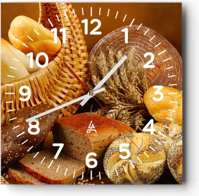 Produktbild von Wanduhr - Quadrat - Glasuhr - Bäckerei Brot Essen - 30x30cm - Schleichendes Uhrwerk - Lautlos - zum Aufhängen bereit - Dekoration Modern - Wanddekoration aus Glas - C4AC30x30-2309