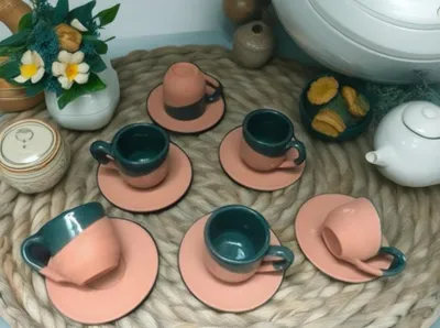 Produktbild von Keramik Espressoset 6 teilig - 6 Espressotassen mit Untertassen - handgefertigtes Geschirr - spülmaschinenfest und ofenfest