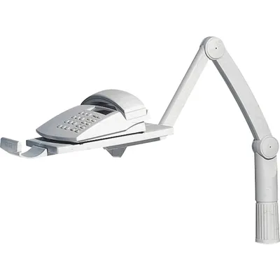 A white telephone holder with an articulated arm against a white background.