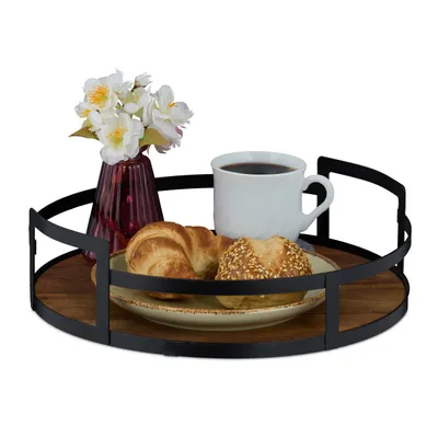 Produktbild von Relaxdays Tablett rund, Holz und Eisen, HxD 8,5x30,5 cm, Serviertablett, Griffe, hoher Rand, Dekotablett, braun/schwarz