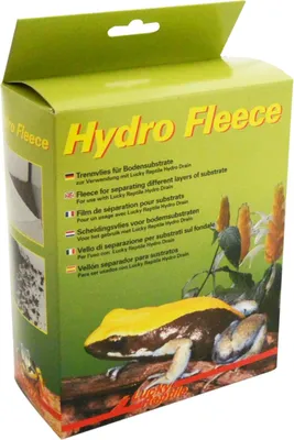 A product box for Lucky Reptile Hydro Fleece, featuring a frog and plant illustration.