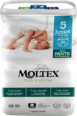 Obrázok produktu pre MOLTEX Pure&Nature Nohavičky plienkové jednorazové 5 Junior (9-14 kg) 20 ks