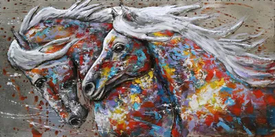 Produktbild von 3D-Metallbild 2 Pferde - Stahl Bunt 6x70x140cm | Wandbild Wohnzimmerbild Dekobild Flur Büro