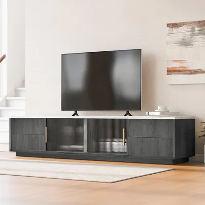 Obrázek produktu pro MODFU Nízká TV skříňka se 4 zásuvkami a 2 skleněnými dvířky, dlouhá 160 cm TV stolek Skříňky do obývacího pokoje TV nábytek TV police pro televizory do 70 palců do obývacího pokoje, jídelny a ložnice, šedá barva