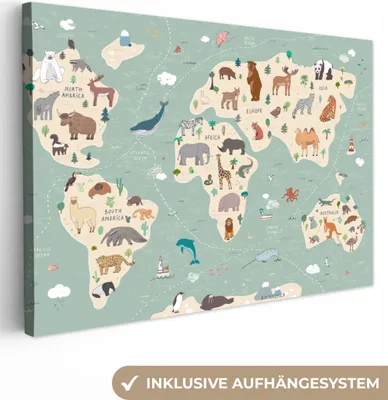 Obrázek produktu pro OneMillionCanvasses® - Obrazy na plátně - Země - Mapa světa Děti - Zvířata - Chlapci - Dívky - Modrá, nástěnný obraz, nástěnná dekorace Obývací pokoj, 120x80cm