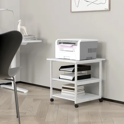 Image de Table pour imprimante sur roulettes, support pour imprimante à 3 niveaux, chariot pour imprimante en aggloméré et acier, blanc | 50 x 50 x 52,5 cm | 18 kg | 4 roulettes avec frein