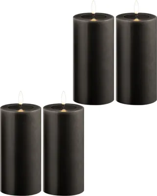 Produktbild von 4x LED Stumpenkerze mit Timer 6 Stunden grau Echtwachs LED warmweiß 7,5cm ø 15cm Höhe - 2 AA Batterien nötig LED Echtwachskerze mit Flackereffekt flammenlose Stumpenkerze LED Kerze groß