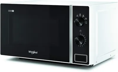 A white Whirlpool microwave oven with a black door and control panel, shown from a slightly elevated front-left angle against a white background.