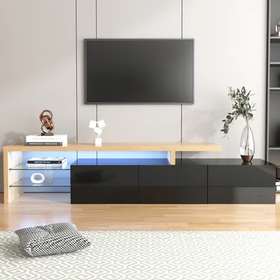 Zdjęcie produktu dla Nowoczesna szafka pod telewizor Fortuna Lai: stylowa elegancja, praktyczna przestrzeń do przechowywania, biały wysoki połysk, wygląd drewna, szklane półki, oświetlenie LED, 198x39x42cm