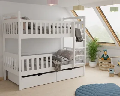Produktbild von Etagenbett »Hochbett Kinderbett MICO für 2 Kinder 90x200 Weiß aus Massivholz« (Set, Bett mit Lattenrost, 2 Schubladen, Leiter und Rausfallschutz)