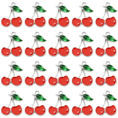 60 Kirsch-Anhänger, rot, Emaille, Silber, für DIY-Schmuck