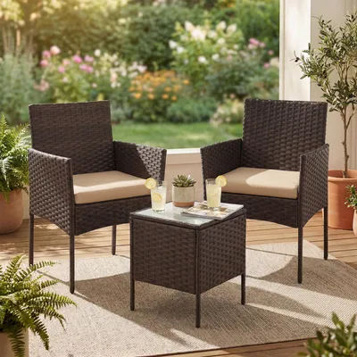 Produktbild von SONGMICS Balkonmöbel, Gartenmöbel-Set, aus PE-Polyrattan, Lounge-Set, Tisch und 2 Stühle, Terrassenmöbel, Outdoor, für Terrasse, Balkon, Garten, braun-Taupe GGF003K01