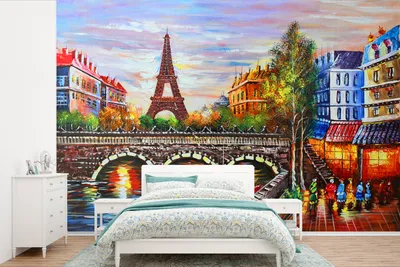 Produktbild von MuchoWow® Fototapete für Wohnzimmer oder Schlafzimmer Wandtapete Vinyl Motivtapete Gemälde - Öl - Eiffelturm - Paris - Wasser - 525x350 cm - Das Hintergrundbild