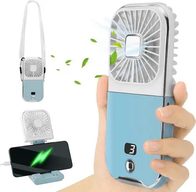Obrázek produktu pro Miniaturní elektrický ruční ventilátor se 4 rychlostmi – dobíjecí – baterie 3000 mAh – modrý – přenosný