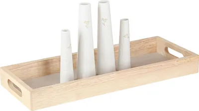 Produktbild von Deko Tablett Holz Minivasen Keramik Weiß Gold Set