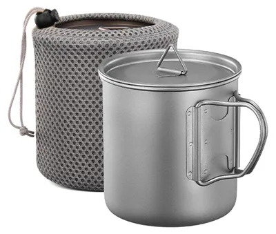 Produktbild von Ultraleichter Titan Campingbecher 600ml, spülmaschinenfest, faltbarer Griff, robust & korrosionsbeständig, Outdoor & Wandern