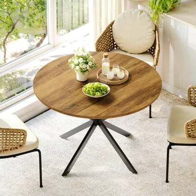 Productafbeelding van Ronde eettafel van rundervlees, met X-poten, in boerderijstijl, geschikt voor de woonkamer, thuiswerkplek of café. Diameter: 120 cm
