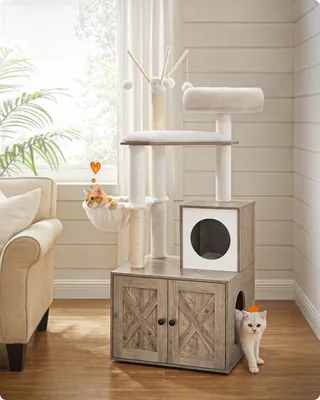 Produktbild von FEANDREA Kratzbaum, mit Katzenklo-Schrank abnehmbaren Plüschbällen 140cm greige