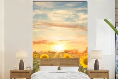Produktbild von MuchoWow® Fototapete für Wohnzimmer oder Schlafzimmer Wandtapete Vinyl Motivtapete Sonnenblume - Sonne - Blumen - 225x350 cm - Schlafzimmer tapete