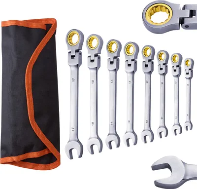 Immagine prodotto di SucceBuy Set di 8 pezzi di chiavi a cricchetto con testa flessibile, chiave aperta in acciaio Cr-V con tasca arrotolabile, da 8 mm a 17 mm, cricchetto flessibile, ideale per riparazioni auto e uso domestico