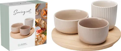 Image de Set de coupes en céramique pour snacks LINY sur une planche en bambou