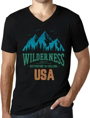 Produktbild von Herren Grafik T-Shirt V-Ausschnitt Wildnis das Abenteuer ruft usa – Wilderness, Adventure Is Calling Usa – Öko-Verantwortlich Vintage Jahrgang Kurzarm