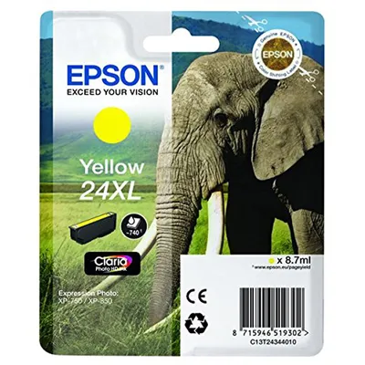 Zdjęcie produktu dla Epson Elephant Singlepack Yellow 24XL Claria Photo HD Ink, Żółty, Tusz na bazie pigmentu, 1 szt.