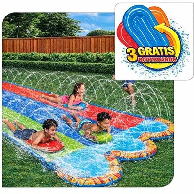 Produktbild von Unyqoos® Dreifach-Wasserrutsche 4,9 m – 3 Rennbahnen, integrierte Sprühstange, Planschbecken & 3 aufblasbare Bodyboards, für Kinder 5–12 Jahre