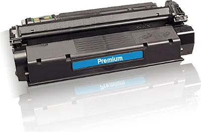A black toner cartridge with a blue label that says "Premium" is shown on a white background with a reflection.