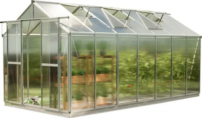 A greenhouse with plants inside, shown from the outside.
