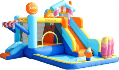 Produktbild von Kinder-Huepfburg 395x340x236cm Blau Multifunktionaler Wasserpark Trampolin Wasserrutsche Springbrunnen Wasserpistolen Ladenmarkise Mit 450W Geblaese