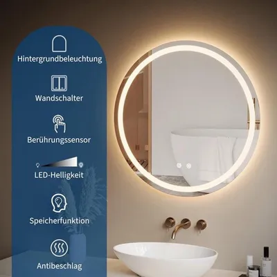 Zdjęcie produktu dla Okrągłe lustro do łazienki z oświetleniem LED - 50 cm - zapobiega parowaniu i posiada możliwość regulacji jasności - nowoczesna obudowa aluminiowa