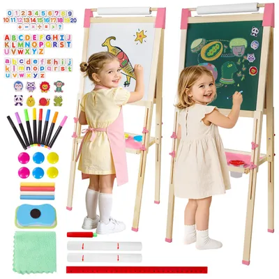 Imagen del producto de Pizarra doble para niños, con superficie de pizarra blanca y superficie de pizarra escolar, con altura ajustable e incluye un rollo de papel